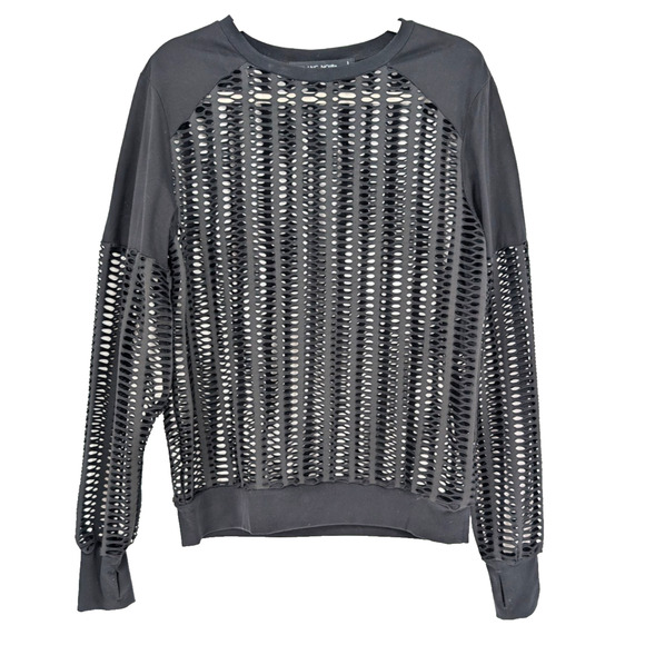 Blanc Noir Linear Mesh Cut Out Open Weave Black Athleisure Lounge Shirt Small - Picture 3 of 13